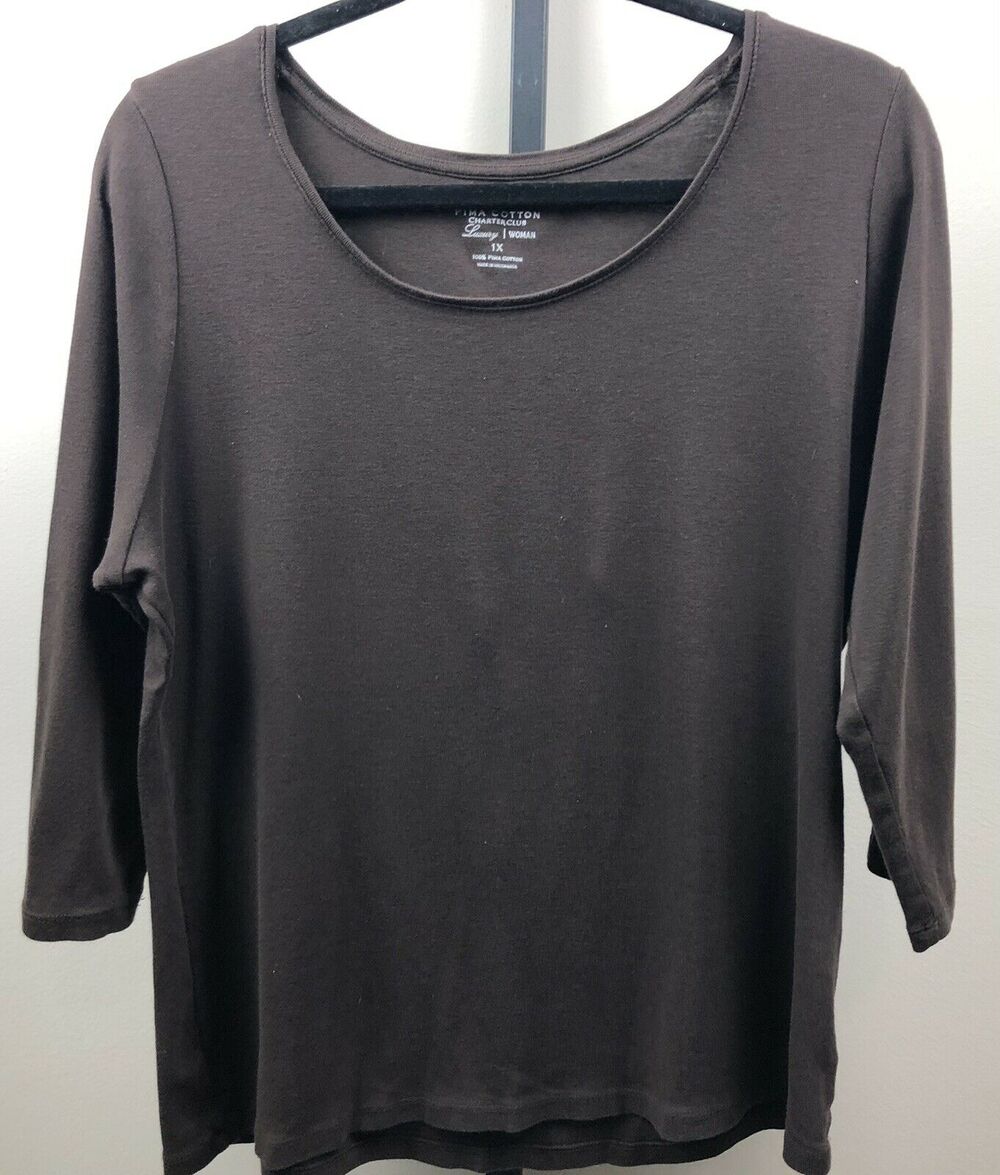 Charter Club Luxury Top Women 1X Brown 3/4 Sleeve Tee 100% Pima Cotton Stretch